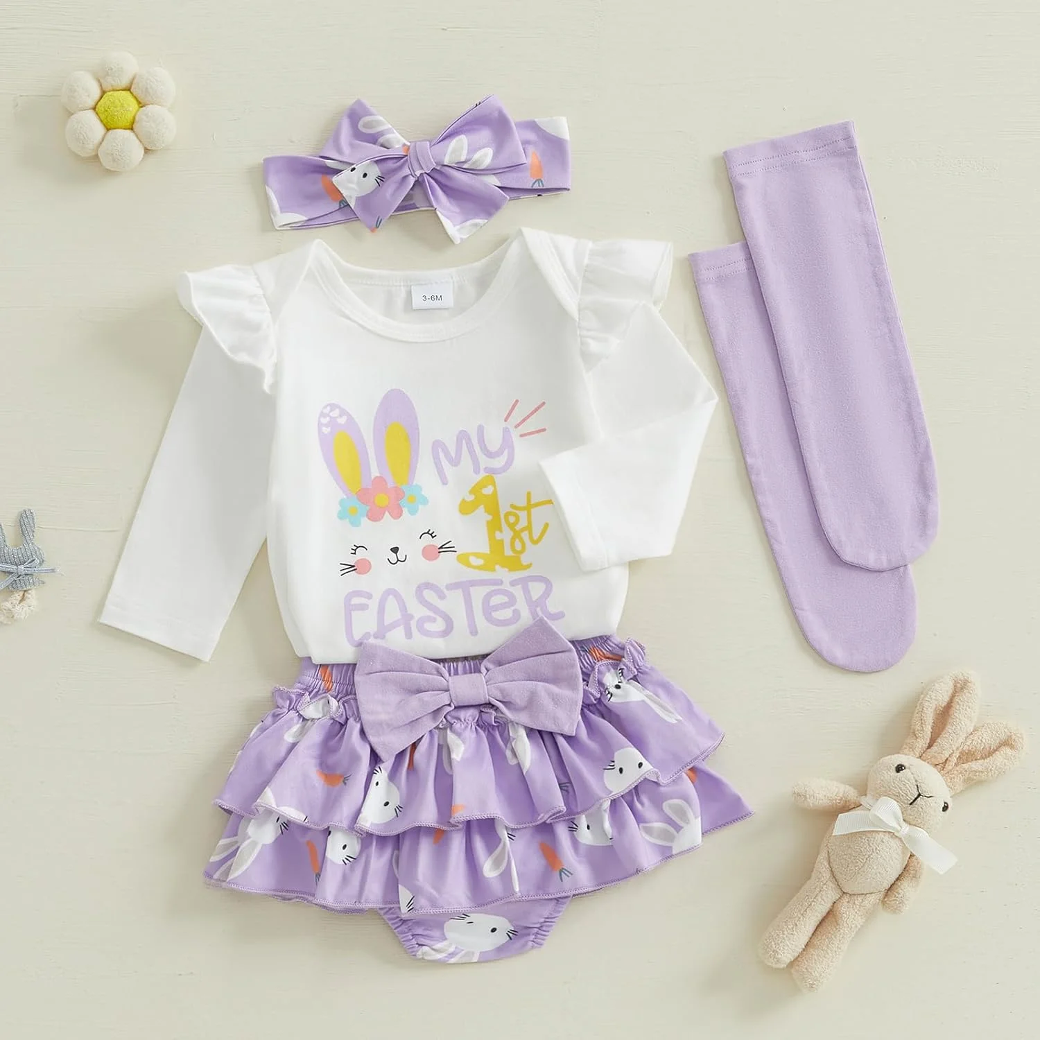 لباس عید پاک نوزاد دختر، رامپر اولین عید پاک من، ست دامن چیندار خرگوشی و هدبند، لباسهای بهاری زیبا برای نوزاد لباس عید پاک نوزاد دختر، رامپر اولین عید پاک من، ست دامن چیندار خرگوشی و هدبند، لباسهای بهاری زیبا برای نوزاد