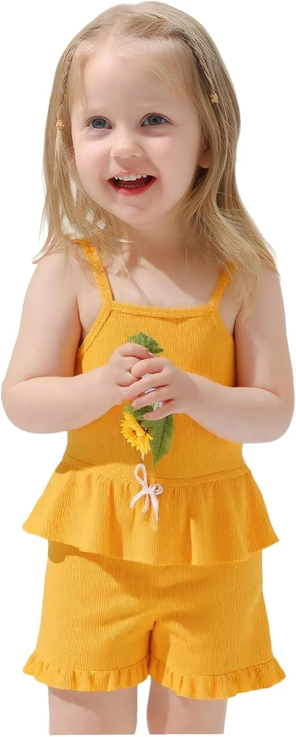 لباس تابستانی دخترانه نوزادی، تیشرت آستین حلقه ای نخی، تاپ با طرح دامن + شورت، ست لباس زیبا