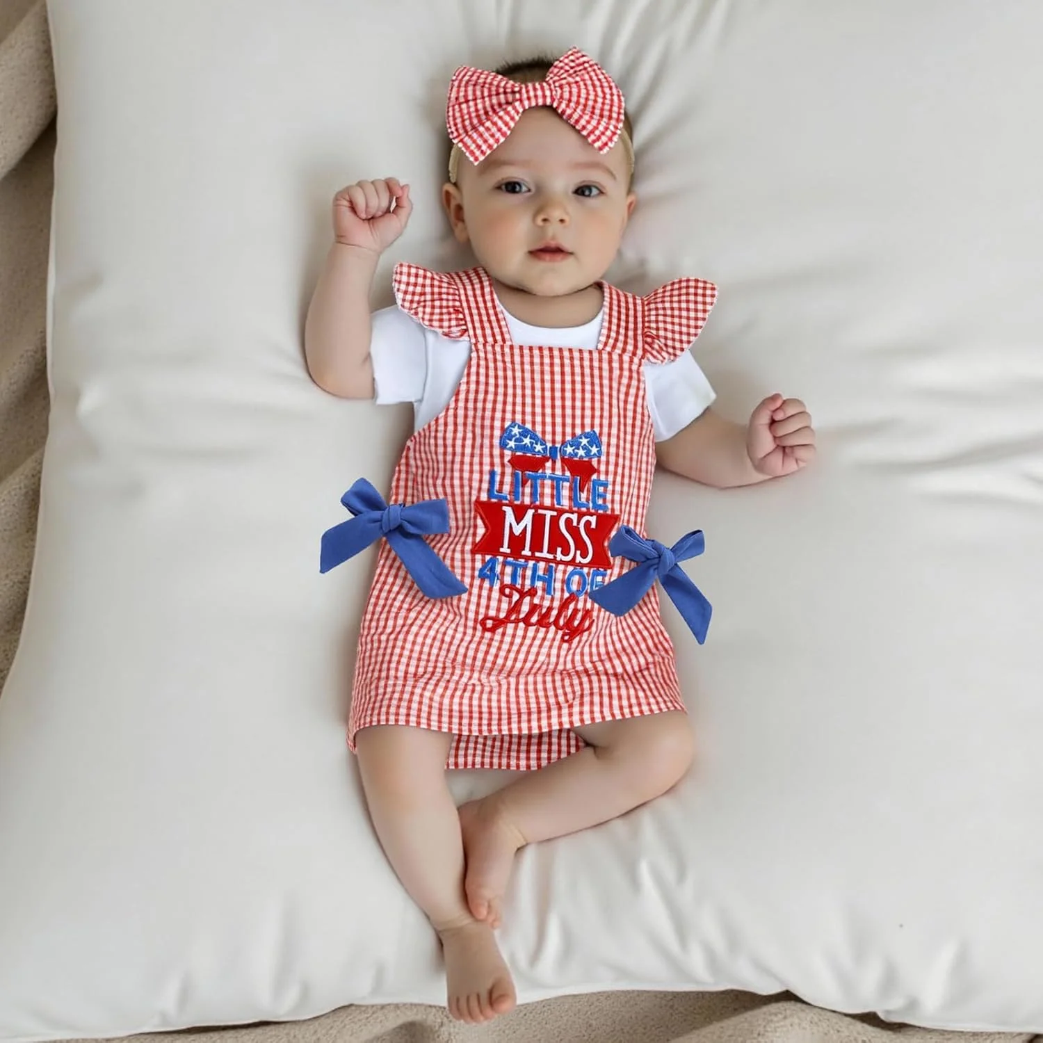 ست لباس دخترانه نوزادی BeQeuewll برای چهارم جولای، شامل رامپر، دامن و گلدوزی حروف، 3 تکه لباس میهن پرستانه دخترانه