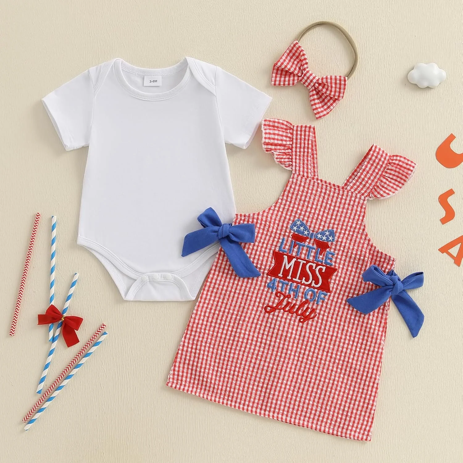 ست لباس دخترانه نوزادی BeQeuewll برای چهارم جولای، شامل رامپر، دامن و گلدوزی حروف، 3 تکه لباس میهن پرستانه دخترانه