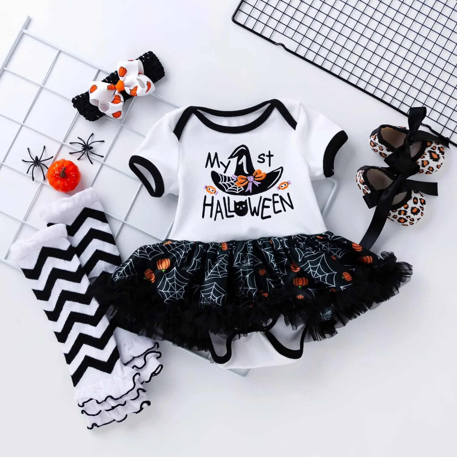 لباس هالووین دخترانه نوزادی دامن توری آستین کوتاه به همراه جوراب و هدبند