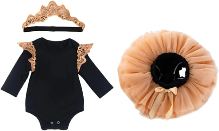 رامپر آستین بلند توری گلدار: لباس تولد نوزاد دخترانه دامن توری و هدبند، یک ست لباس مناسب 0-3 ماه