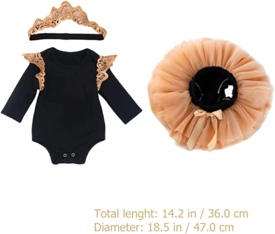 رامپر آستین بلند توری گلدار: لباس تولد نوزاد دخترانه دامن توری و هدبند، یک ست لباس مناسب 0-3 ماه