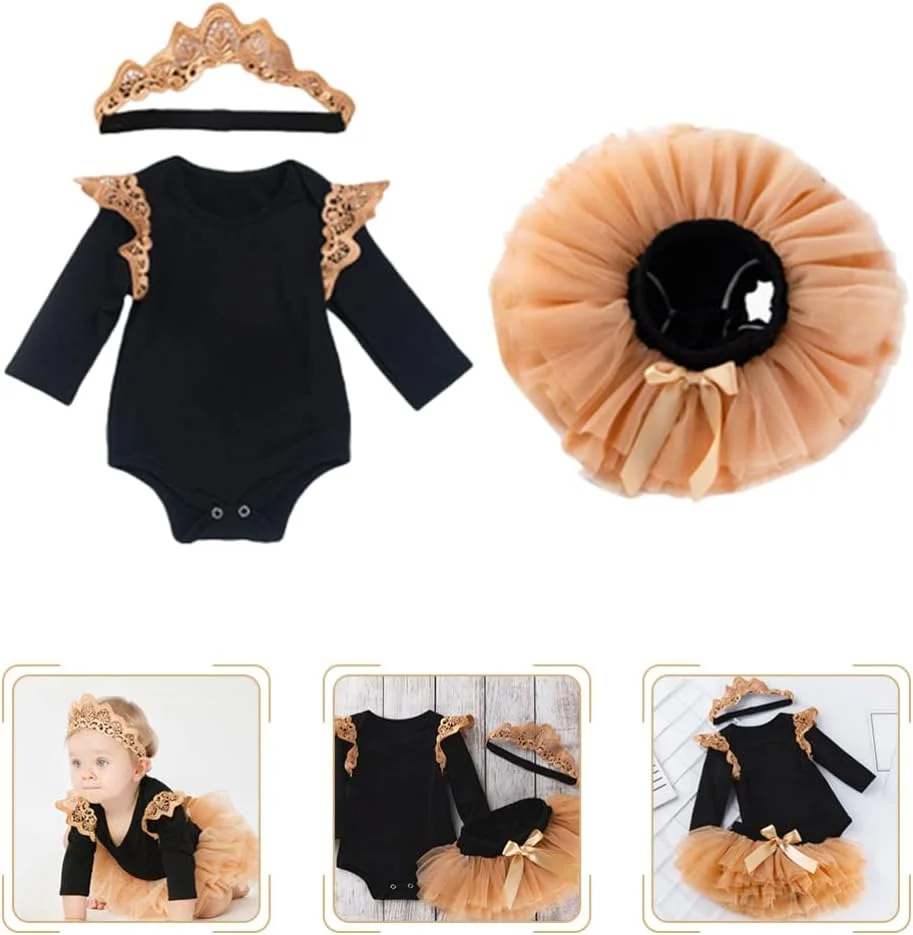 رامپر آستین بلند توری گلدار: لباس تولد نوزاد دخترانه دامن توری و هدبند، یک ست لباس مناسب 0-3 ماه