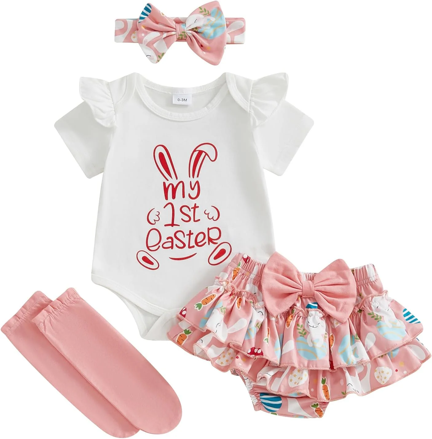 ست لباس نوزاد دخترانه، رامپر آستین کوتاه + دامن شورت + هدبند + جوراب، طرح تابستانی