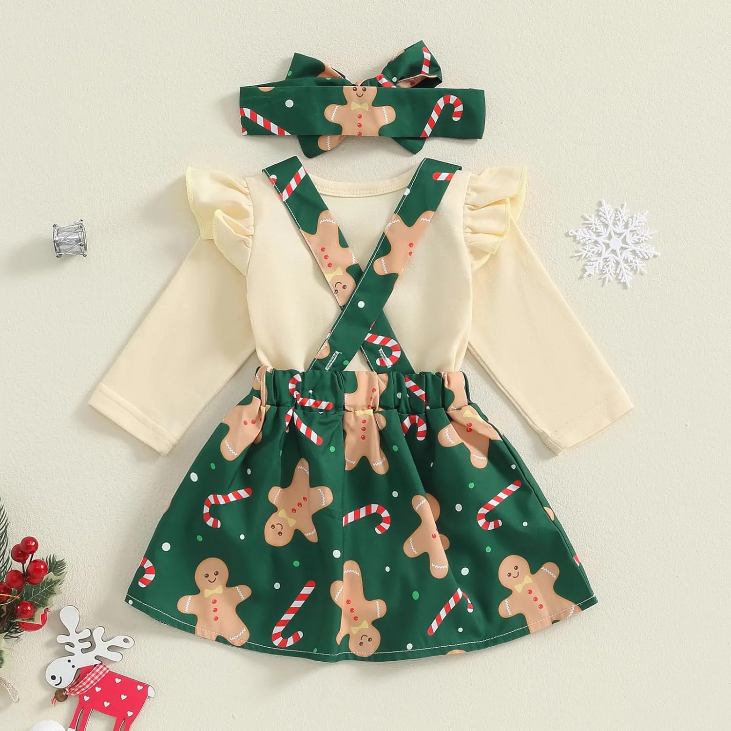 لباس کریسمس دخترانه نوزاد، رامپر آستین بلند، گلدوزی طرح گوزن، دامن فون چهارخانه، ست هدبند، لباس زمستانی