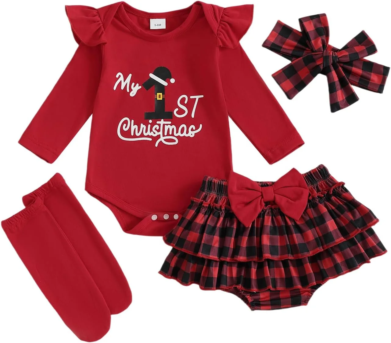 ست لباس نوزاد دخترانه Geagodelia، شامل بادی آستین بلند، دامن چهارخانه، هدبند و جوراب ساق بلند، مناسب برای فصل پاییز و بهار