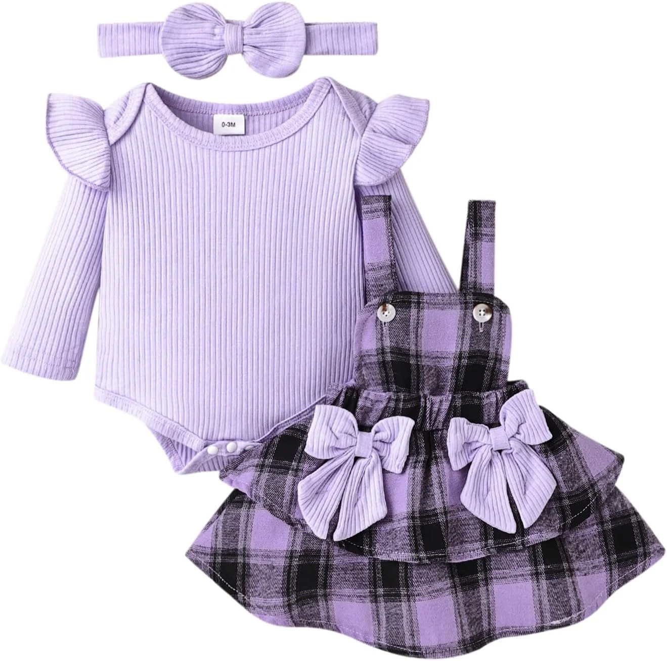 ست لباس پاییزی و زمستانی نوزاد دختر، رامپر آستین بلند چین دار، دامن چهارخانه و تل مو، 3 تکه، 0 تا 18 ماه