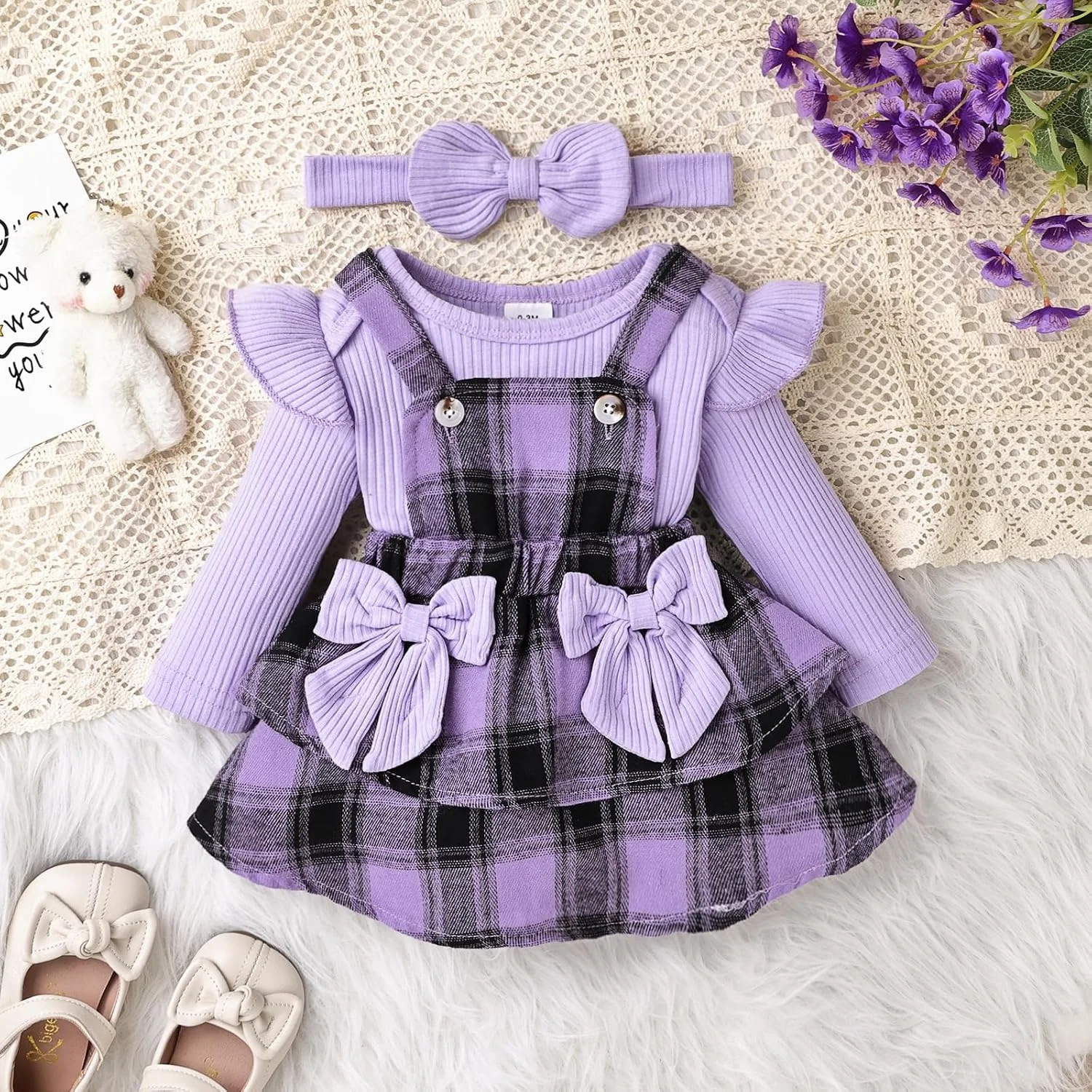 ست لباس پاییزی و زمستانی نوزاد دختر، رامپر آستین بلند چین دار، دامن چهارخانه و تل مو، 3 تکه، 0 تا 18 ماه