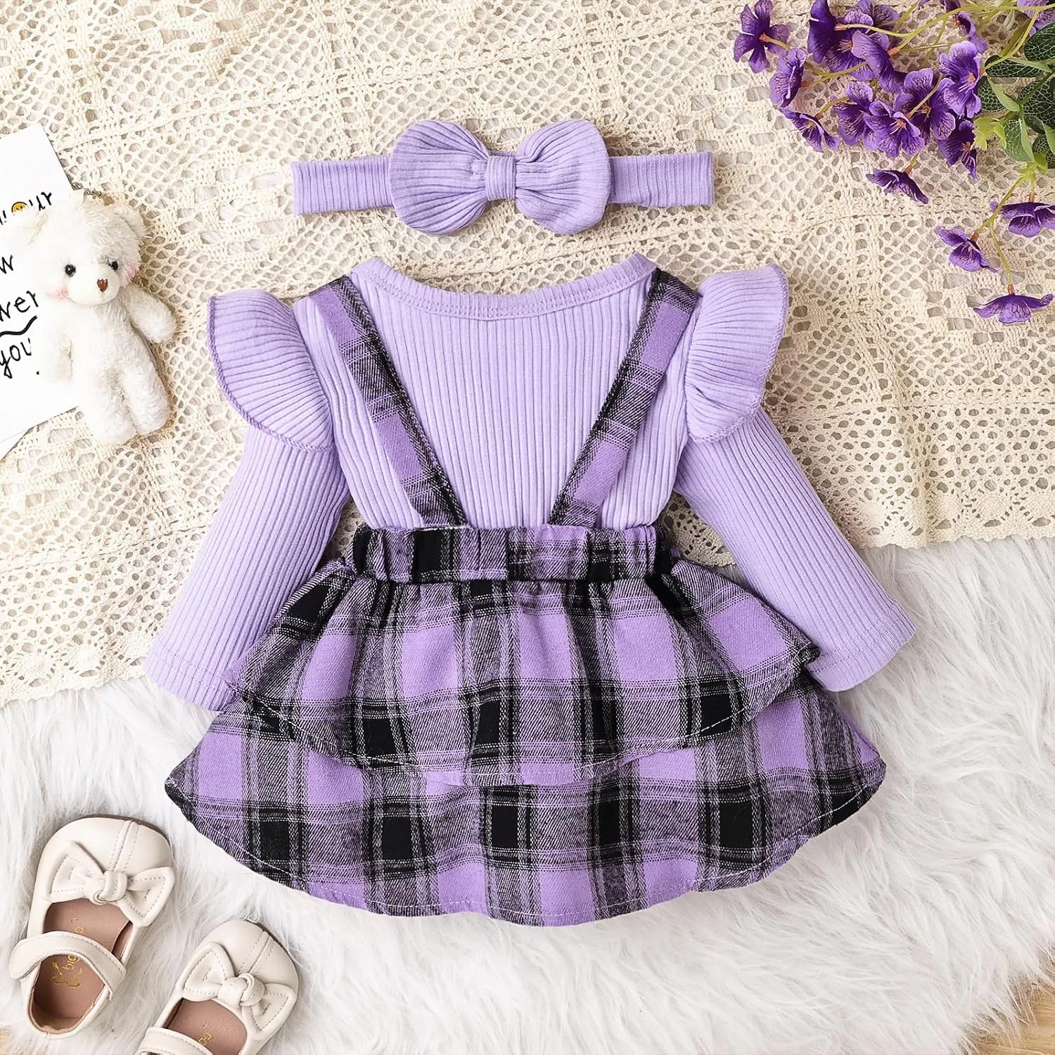 ست لباس پاییزی و زمستانی نوزاد دختر، رامپر آستین بلند چین دار، دامن چهارخانه و تل مو، 3 تکه، 0 تا 18 ماه