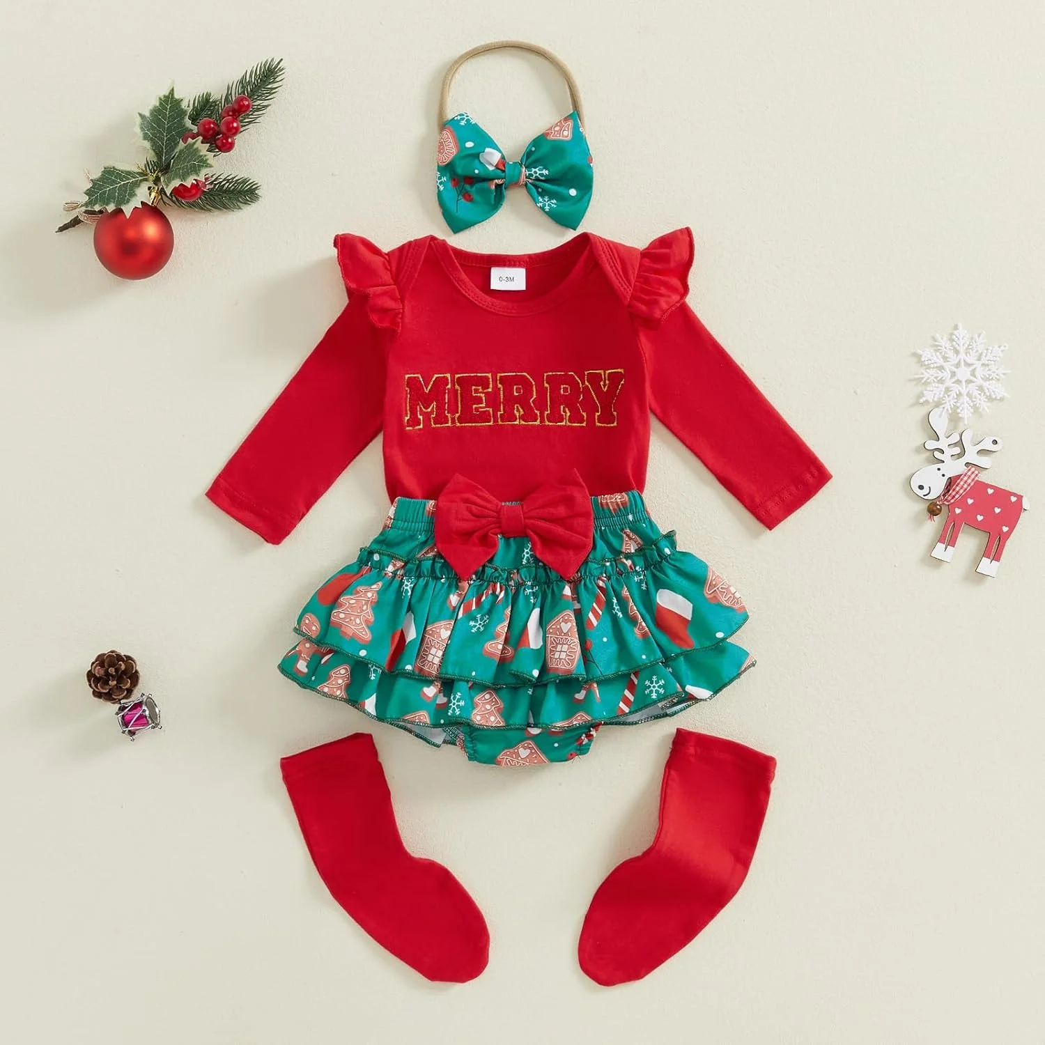 ست لباس کریسمس دخترانه، رامپر نوزادی، دامن توتو چین‌دار، شورت، هدبند، جوراب ساق بلند، مناسب 3، 6، 9، 12، 18 ماهگی، لباس کریسمسی 4 تکه