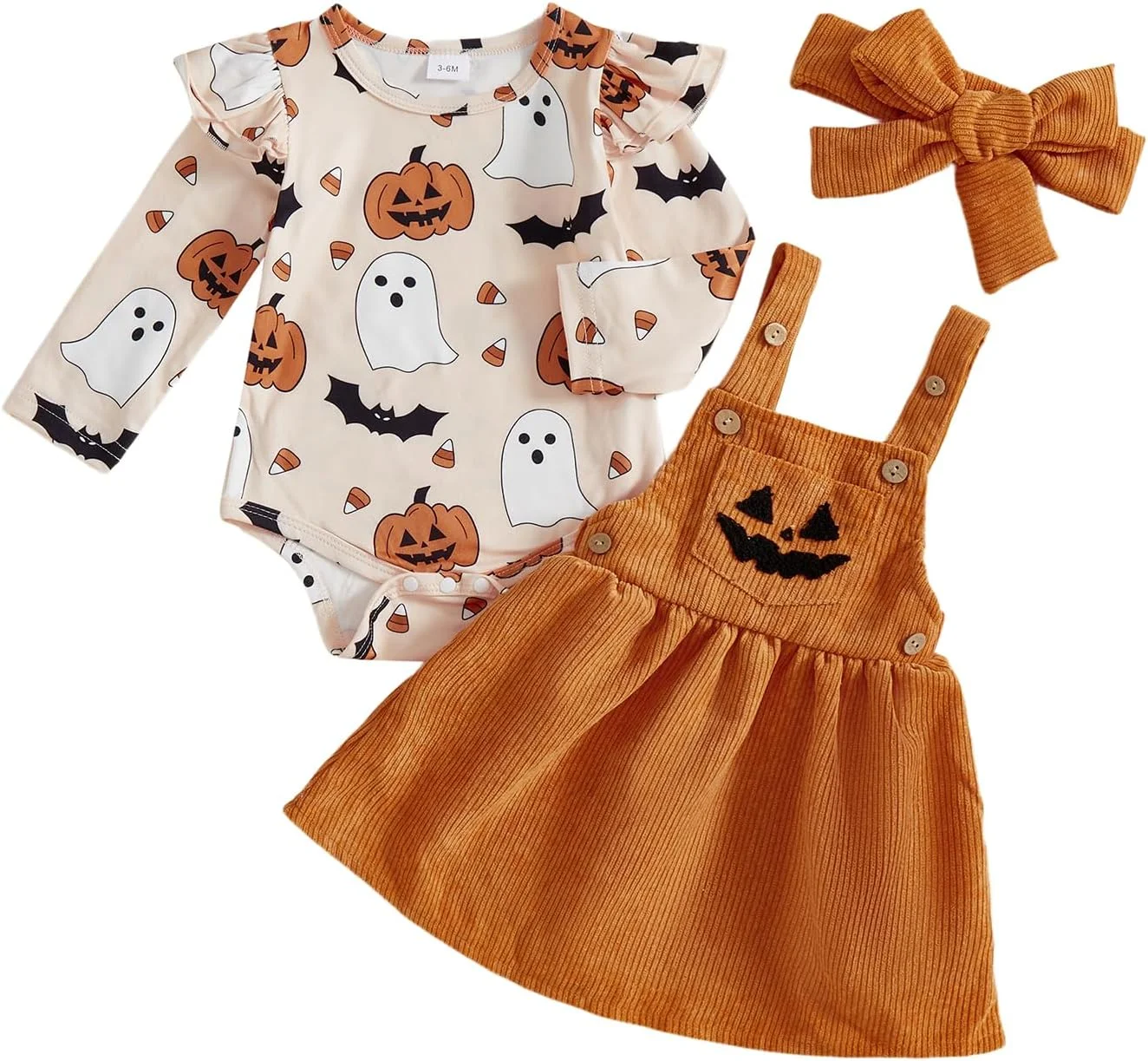 ست لباس هالووین نوزاد دخترانه، رامپر آستین بلند کدو تنبل، دامن سرهمی، لباس پاییزی نوزاد