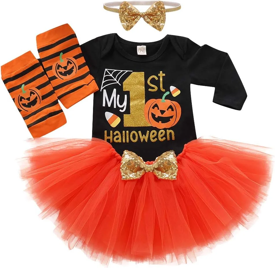 لباس هالووین نوزاد دختر، لباس هالووین نوزاد، رامپر کدو تنبل نوزاد + دامن توتو + ساق گرم کن + هدبند، لباس هالووین نوزاد