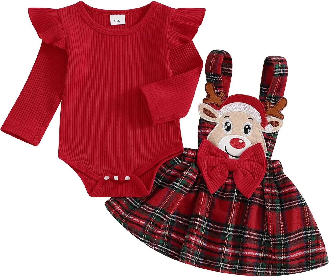 ست لباس نوزادی دخترانه، رامپر دنده ای، دامن چهارخانه چین دار و سرهمی