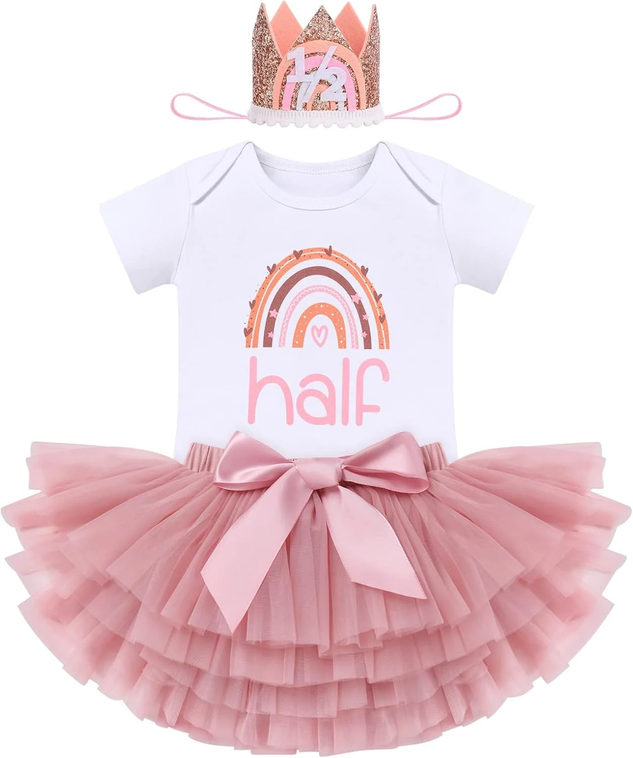 لباس تولد یکسالگی و دوسالگی دخترانه با طرح رنگین کمان، شامل رامپر، دامن توتو و هدبند - ست 3 تکه مناسب عکاسی