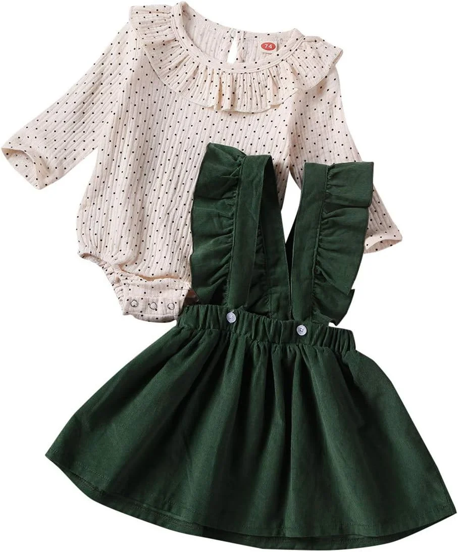ست دامن دخترانه نوزادی، بلوز آستین بلند و سارافون چین‌دار، مناسب فصل پاییز، زمستان و بهار (سبز، 6-9 ماه)