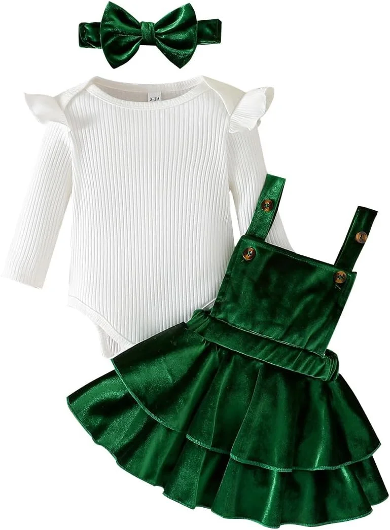 ست لباس دخترانه نوزادی نوبو شامل رامپر آستین بلند، دامن پیشبندی مخملی و هدبند، مناسب پاییز و زمستان (3 تکه)