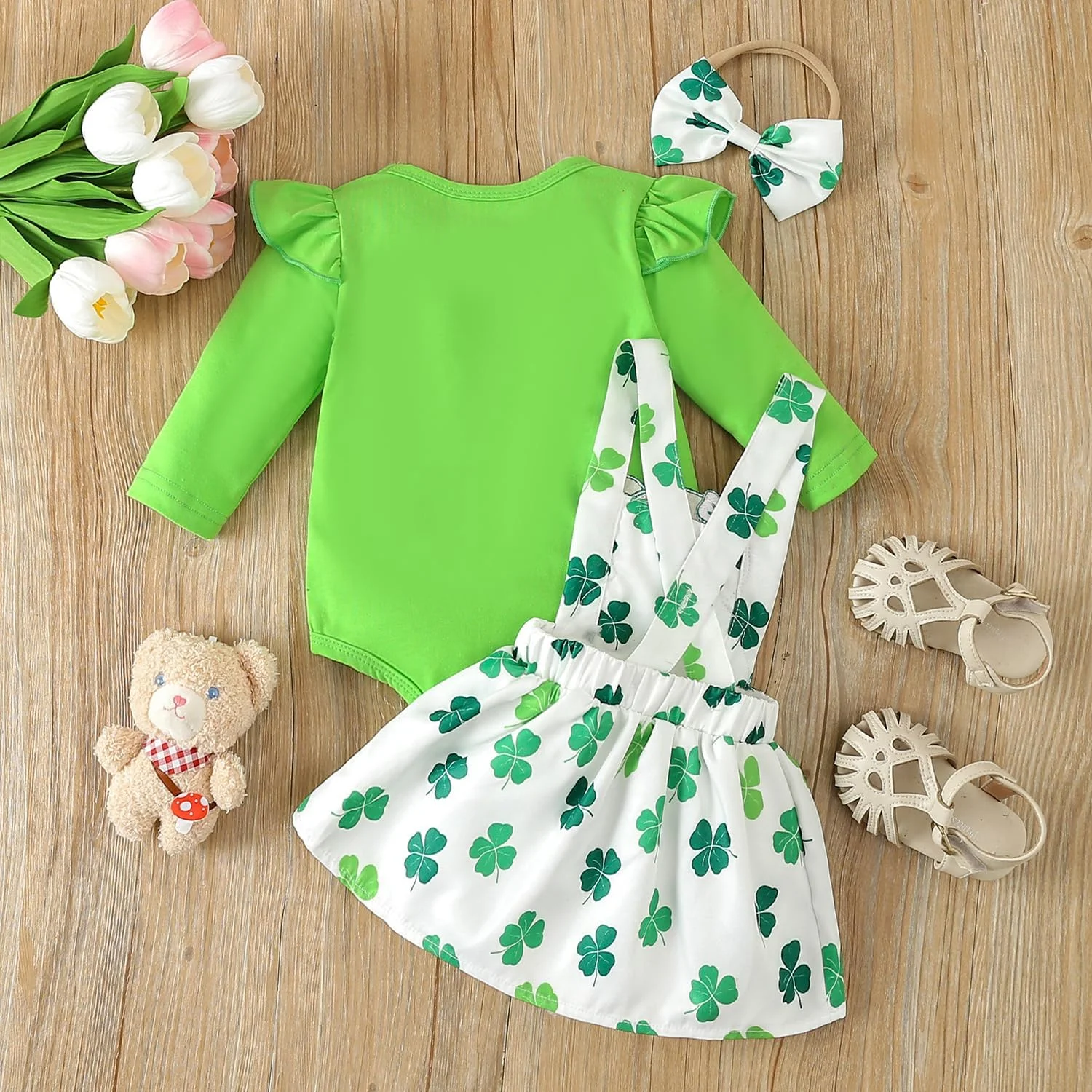 ست لباس سه تکه دخترانه نوزادی AGQT برای روز سنت پاتریک شامل تیشرت آستین کوتاه، دامن و هدبند، سایز 0 تا 18 ماه
