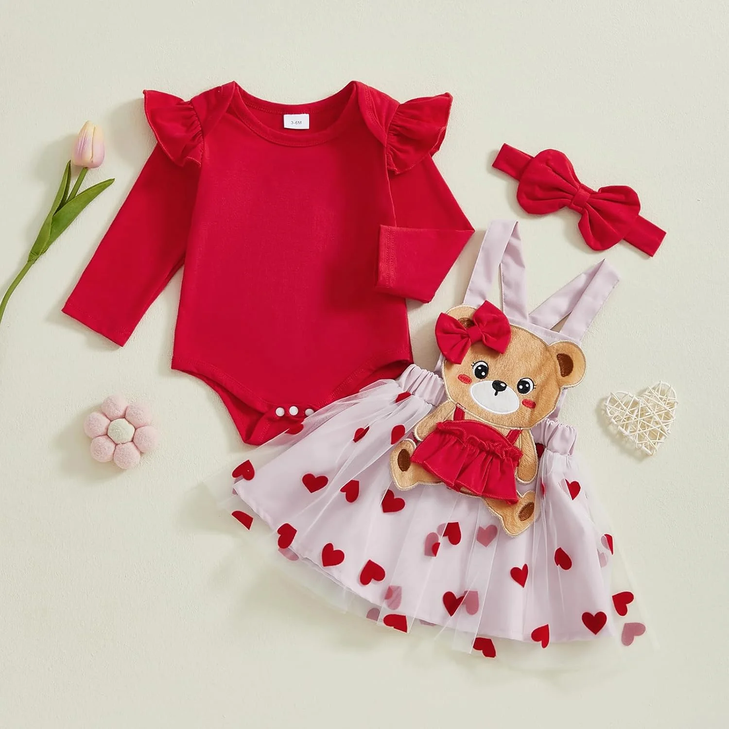 ست لباس روز ولنتاین نوزاد دختر Loalirando شامل رامپر آستین بلند یقه گرد + دامن توری ساسپندر خرس قلبی + هدبند