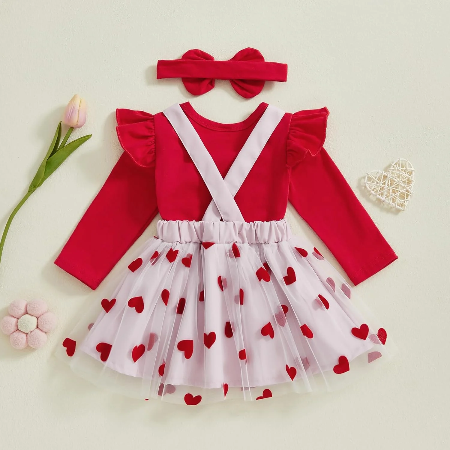 ست لباس روز ولنتاین نوزاد دختر Loalirando شامل رامپر آستین بلند یقه گرد + دامن توری ساسپندر خرس قلبی + هدبند