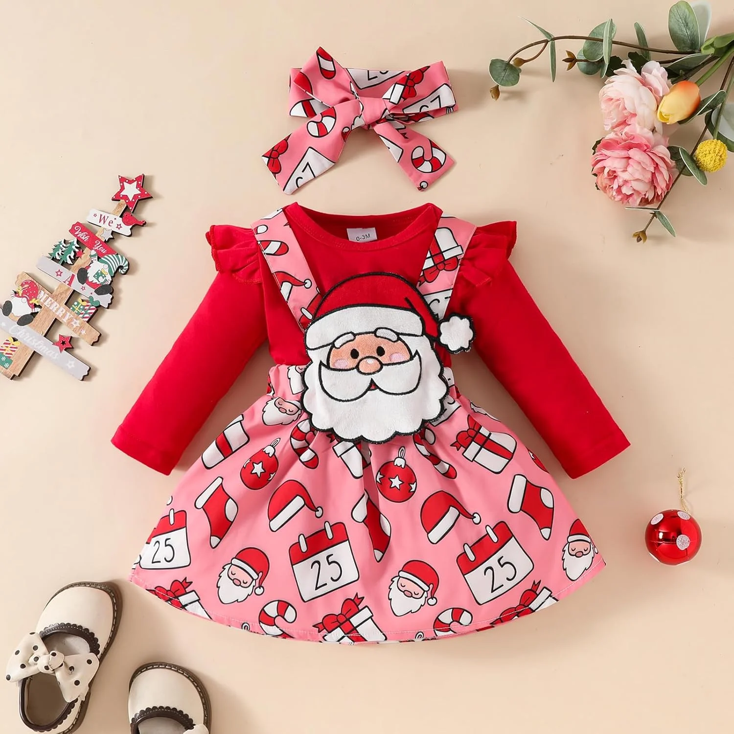 لباس کریسمس نوزاد دختر، رامپر آستین بلند، ست دامن ساسون دار، پیراهن سرهمی با هدبند