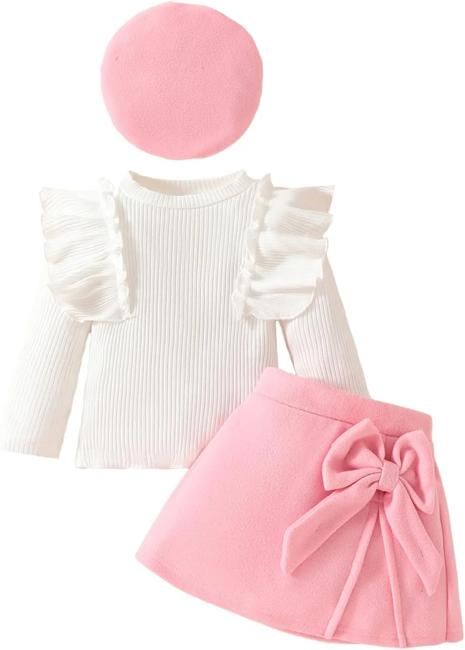 ست دامن دخترانه بافت پاپیونی آستین بلند با تاپ چیندار + دامن کوتاه شیک + کلاه برت 3 تکه لباس برای پاییز و زمستان ست دامن دخترانه بافت پاپیونی آستین بلند با تاپ چیندار + دامن کوتاه شیک + کلاه برت 3 تکه لباس برای پاییز و زمستان