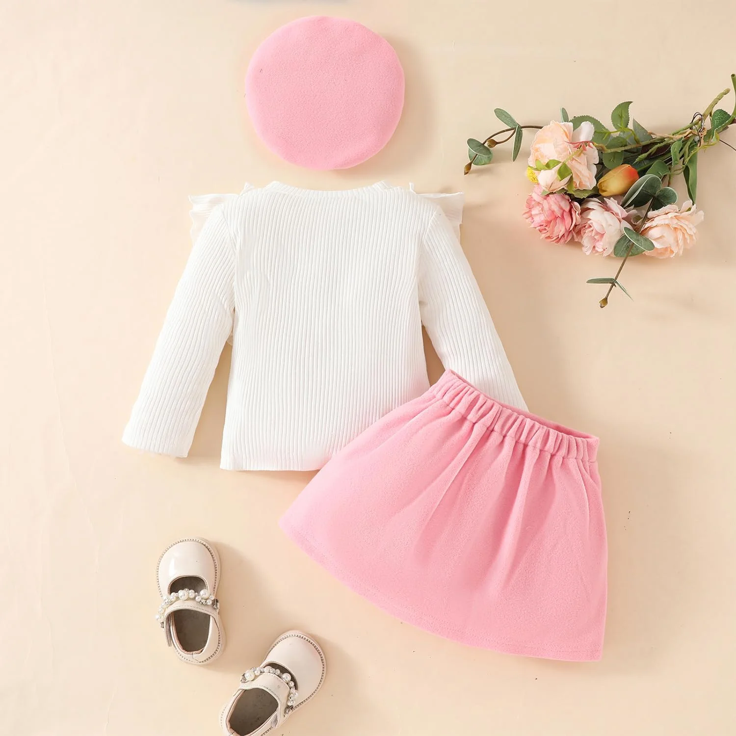 ست دامن دخترانه بافت پاپیونی آستین بلند با تاپ چین‌دار + دامن کوتاه شیک + کلاه برت 3 تکه لباس برای پاییز و زمستان