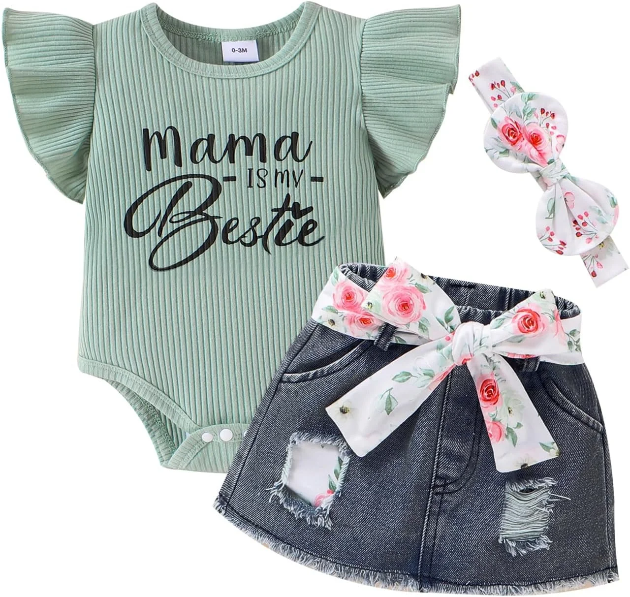 ست لباس نوزادی دخترانه شامل رامپر، دامن جین کوتاه چین‌دار و هدبند، مناسب 0 تا 18 ماه