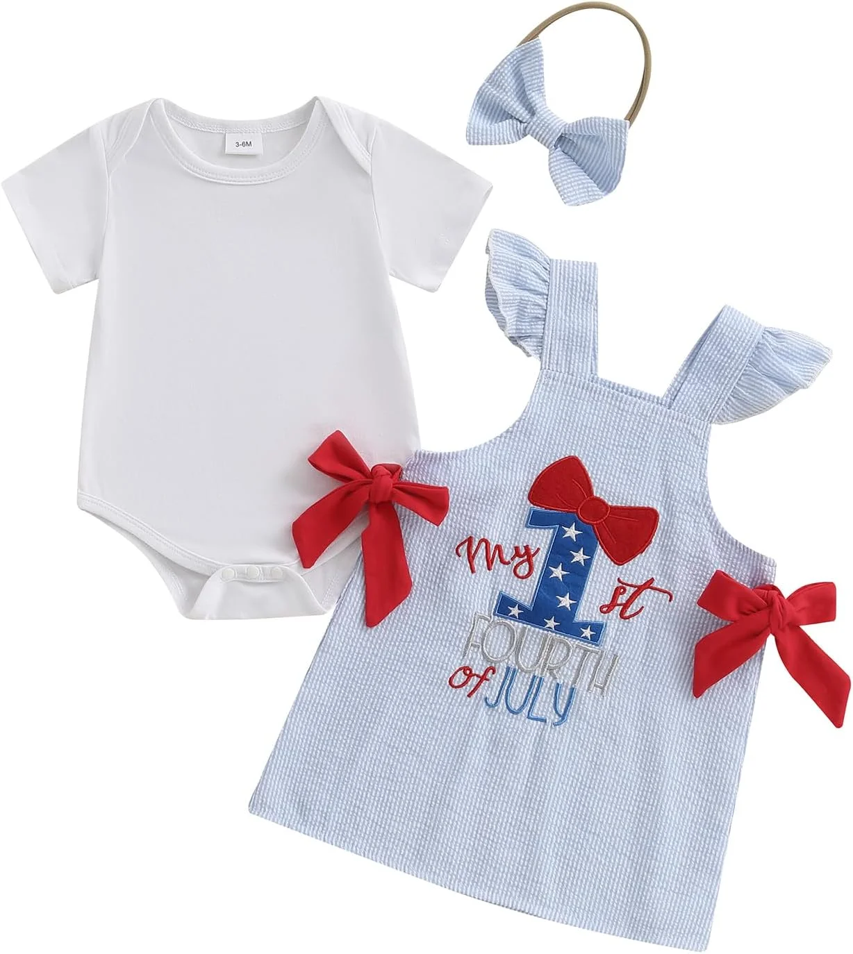 لباس نوزادی دخترانه BeQeuewll طرح چهارم جولای، ست لباس رامپر، دامن و گلدوزی حروف، 3 تکه لباس میهنی دخترانه