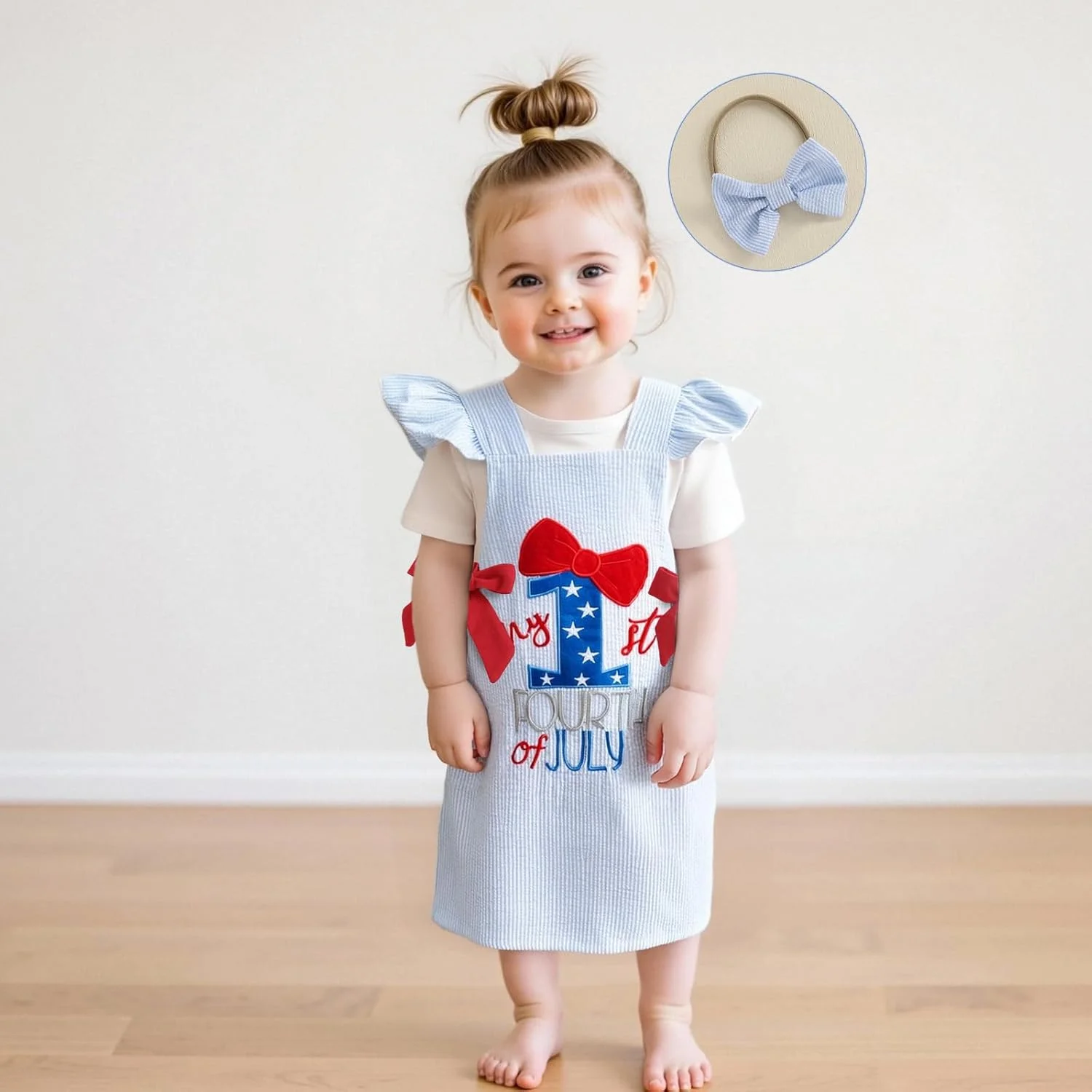 لباس نوزادی دخترانه BeQeuewll طرح چهارم جولای، ست لباس رامپر، دامن و گلدوزی حروف، 3 تکه لباس میهنی دخترانه