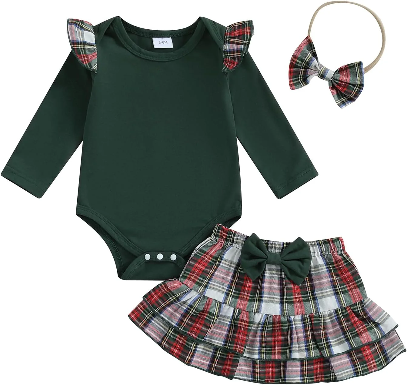 ست لباس 3 تکه نوزاد دخترانه Kuriozud، مناسب پاییز و زمستان، شامل رامپر آستین بلند چین دار، دامن پاپیونی چهارخانه و هدبند