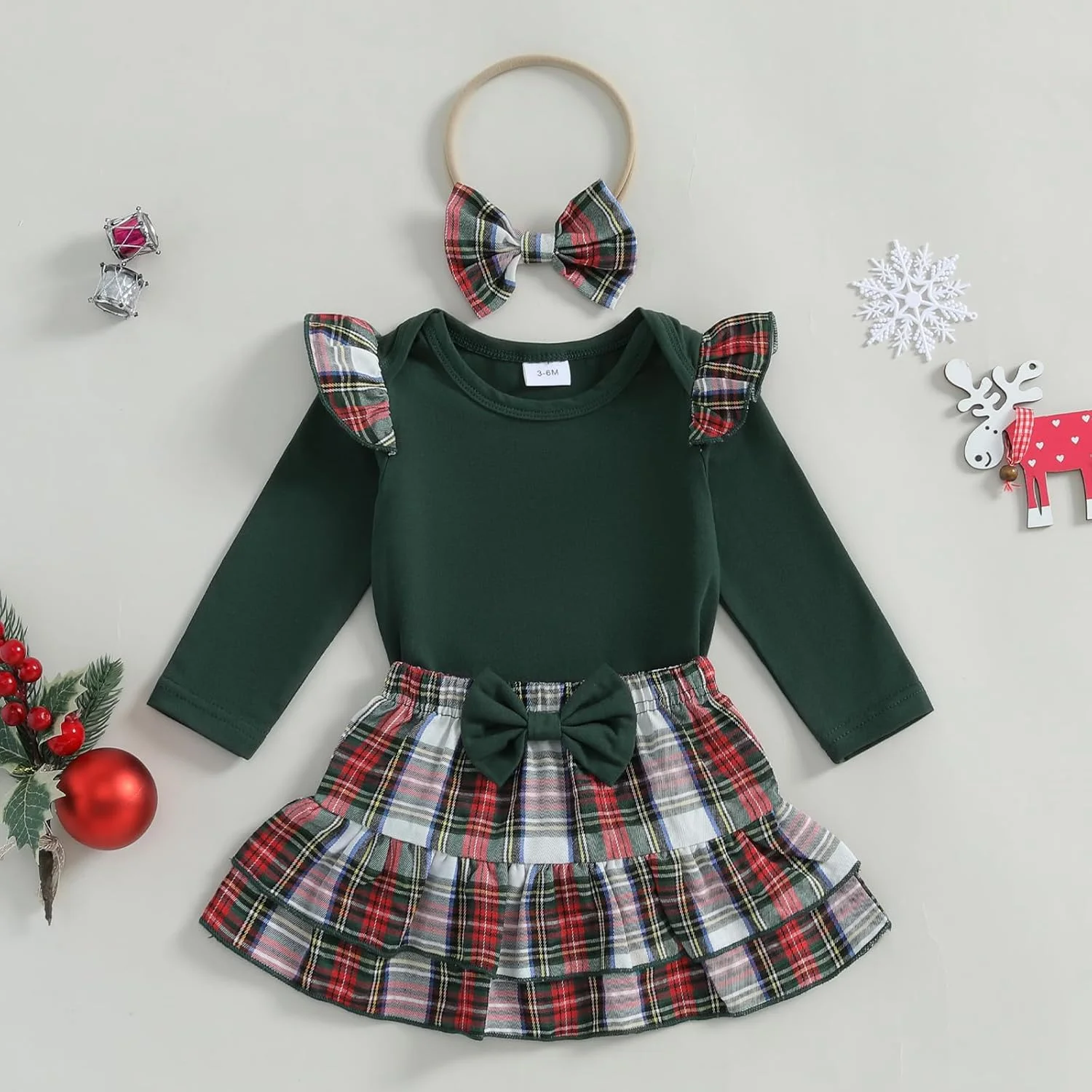 ست لباس 3 تکه نوزاد دخترانه Kuriozud، مناسب پاییز و زمستان، شامل رامپر آستین بلند چین دار، دامن پاپیونی چهارخانه و هدبند