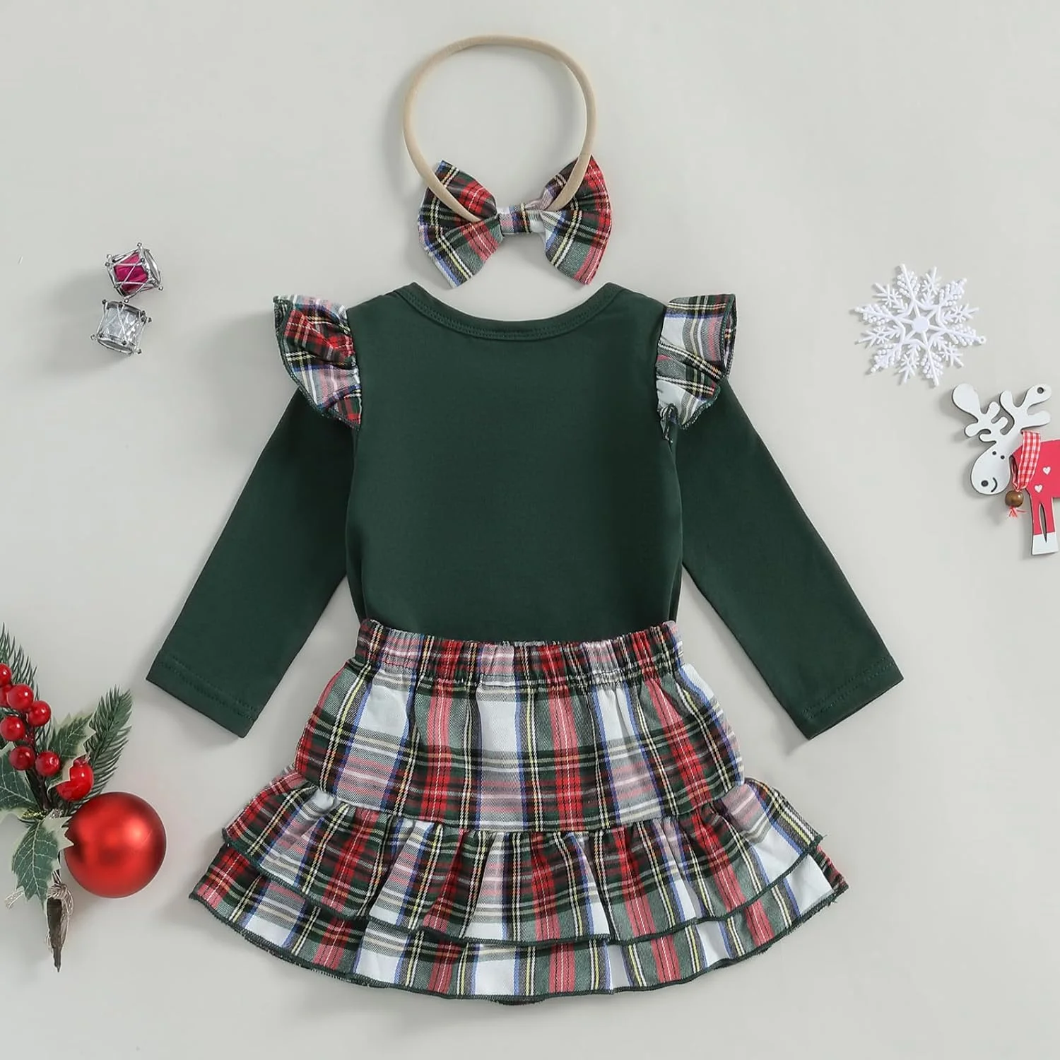 ست لباس 3 تکه نوزاد دخترانه Kuriozud، مناسب پاییز و زمستان، شامل رامپر آستین بلند چین دار، دامن پاپیونی چهارخانه و هدبند