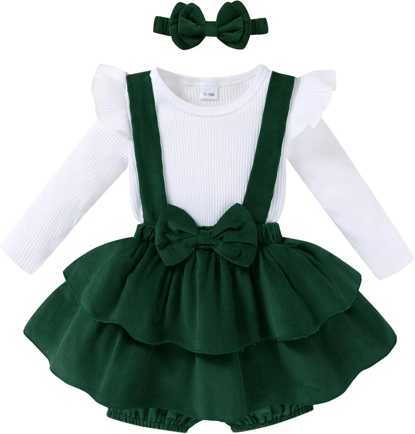 ست لباس دخترانه بچه گانه YOUNGER TREE شامل رامپر آستین بلند، دامن پیشبندی مخملی و هدبند مناسب فصل پاییز و زمستان