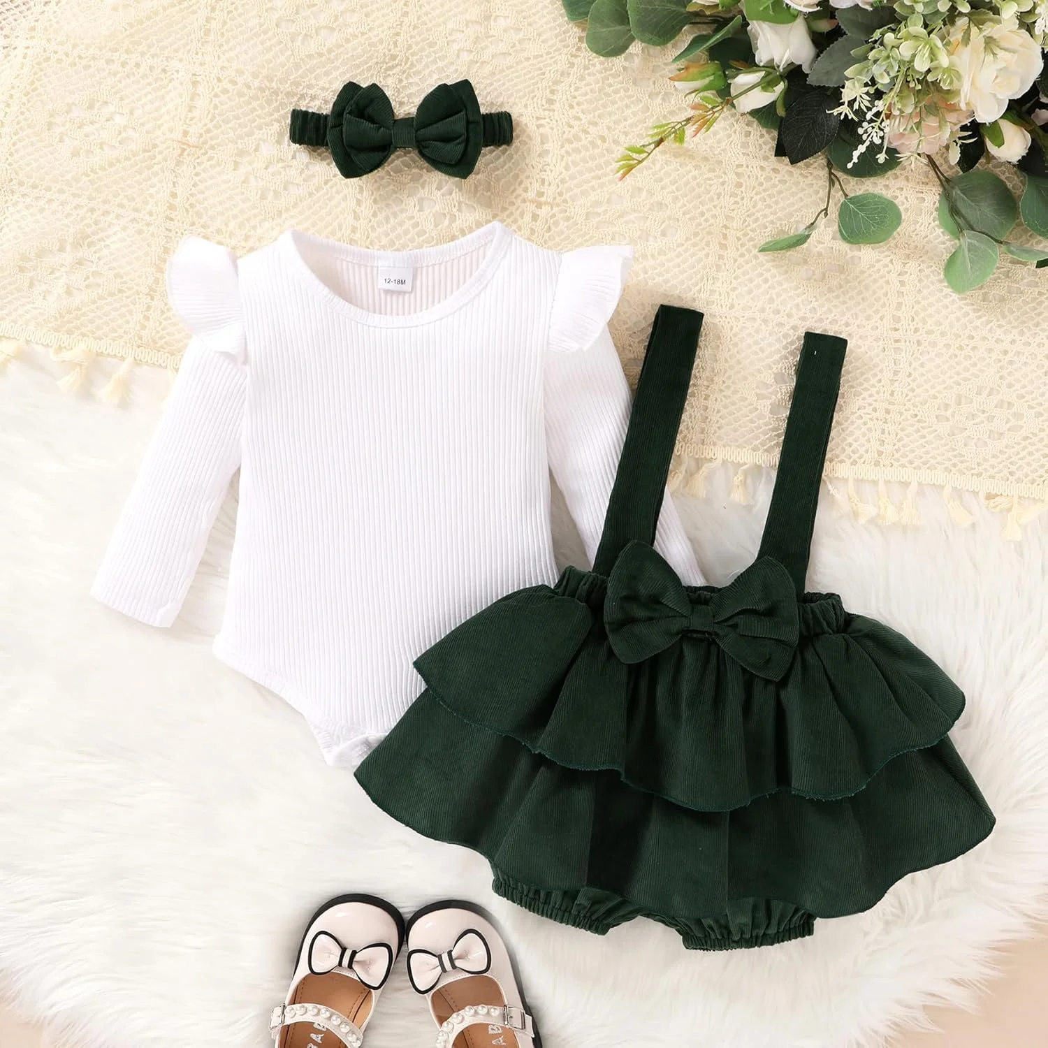 ست لباس دخترانه بچه گانه YOUNGER TREE شامل رامپر آستین بلند، دامن پیشبندی مخملی و هدبند مناسب فصل پاییز و زمستان