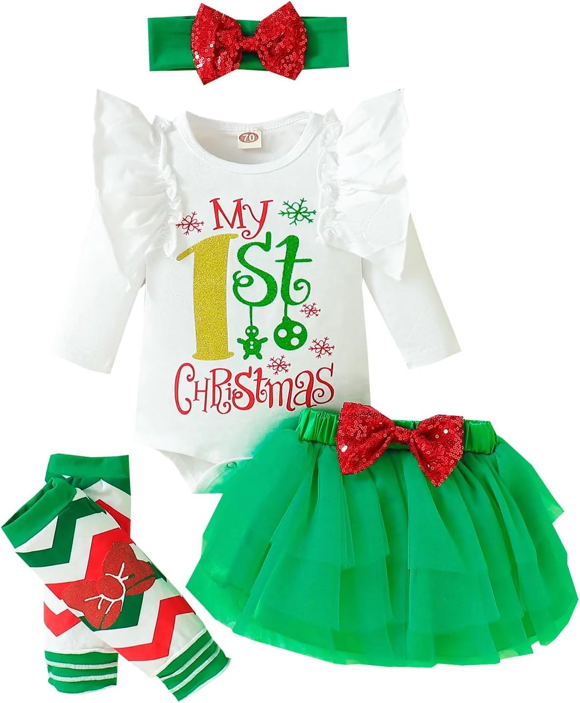 ست لباس کریسمس شامل بادی، دامن توتو، ساق گرمکن و تل سر پاپیونی