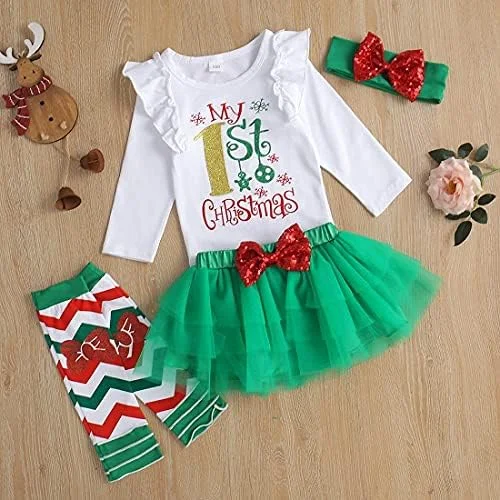 ست لباس کریسمس شامل بادی، دامن توتو، ساق گرمکن و تل سر پاپیونی