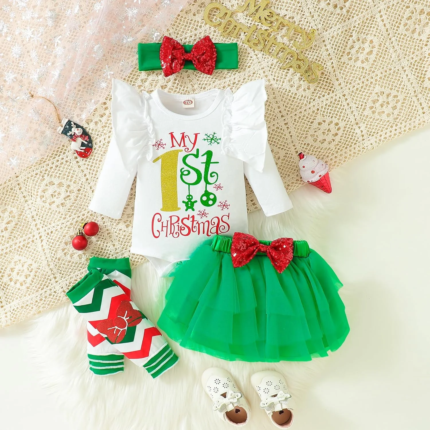 ست لباس کریسمس شامل بادی، دامن توتو، ساق گرمکن و تل سر پاپیونی