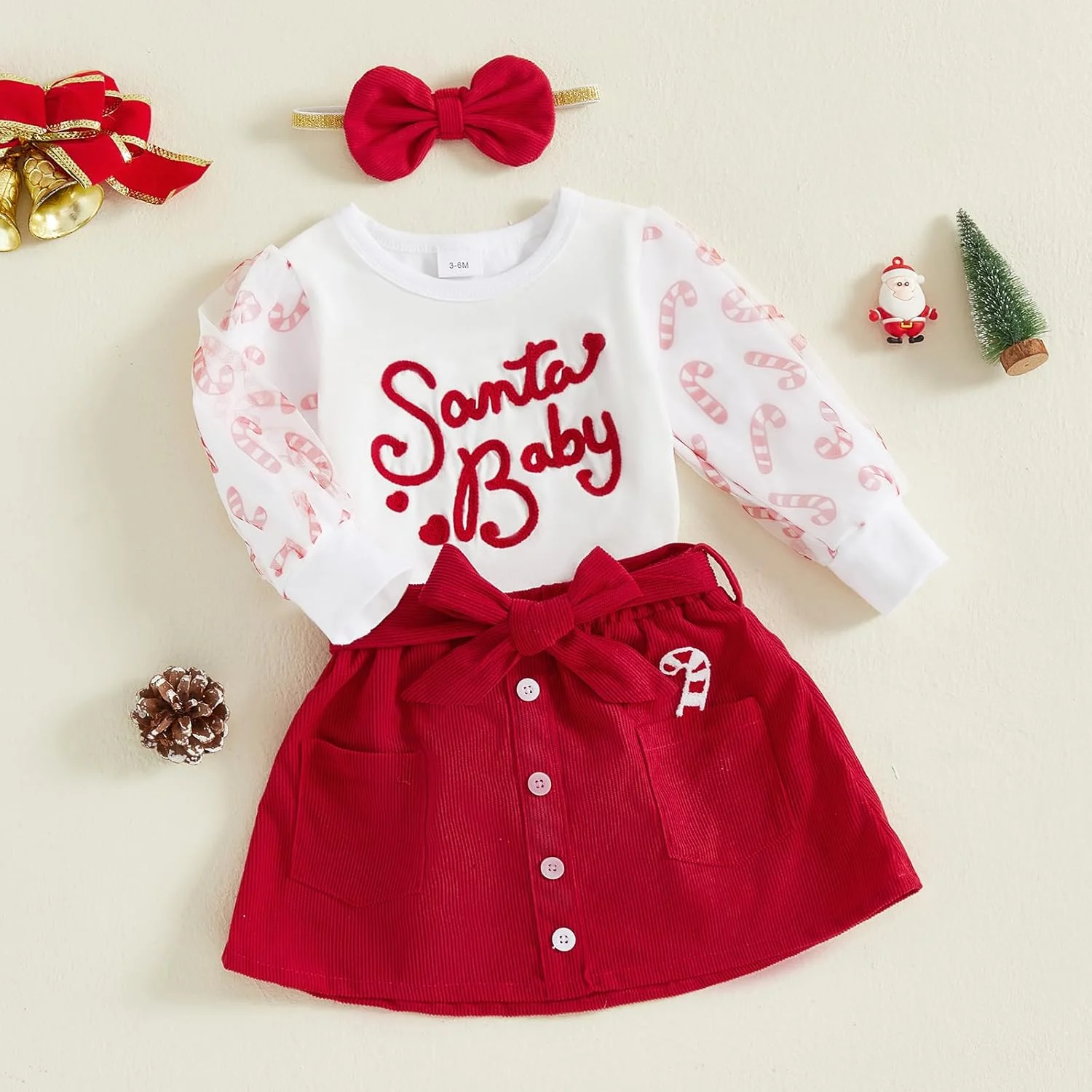 لباس کریسمس نوزادی دخترانه، تاپ آستین بلند و دامن کبریتی لباس کریسمس نوزادی دخترانه، تاپ آستین بلند و دامن کبریتی