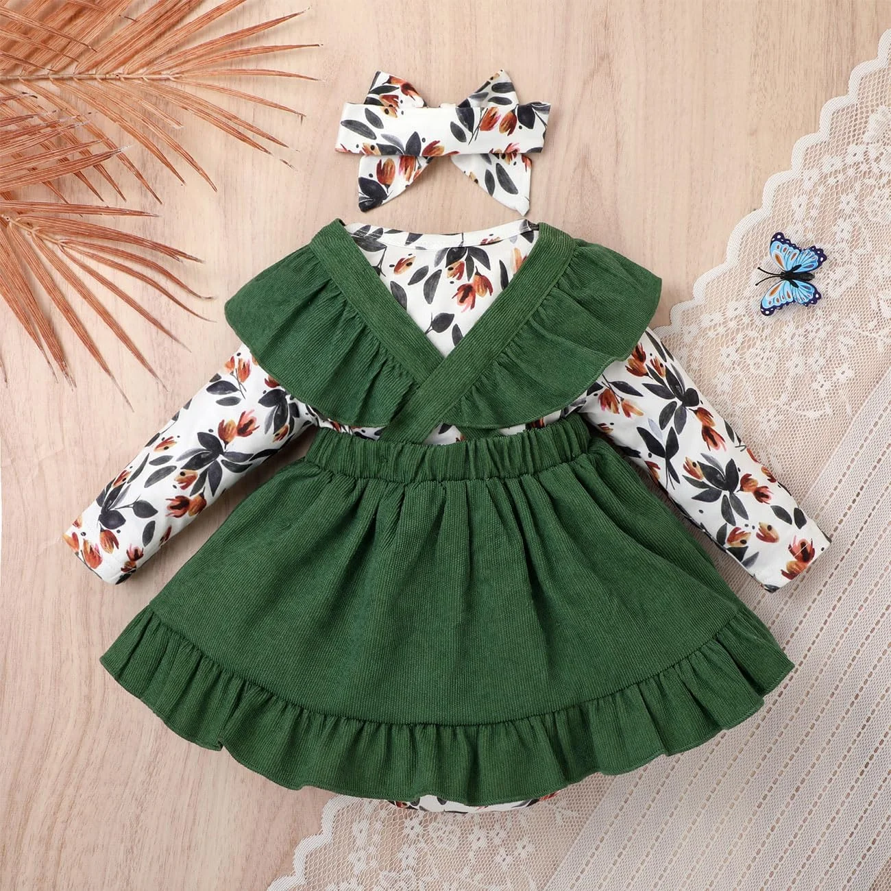 لباس بادی آستین بلند دخترانه با دامن پیشبندی مخملی و تل سر، ست 3 تکه مناسب نوزادان 3 تا 24 ماه، سبز