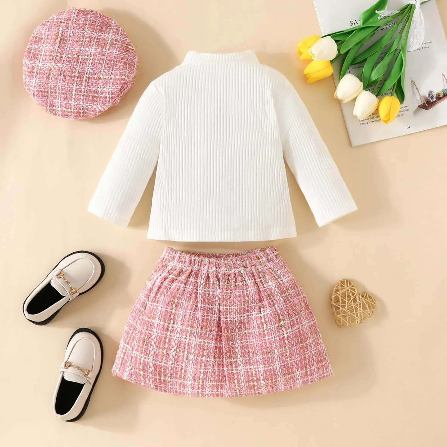 ست لباس پاییزی دخترانه شامل دامن، تاپ آستین بلند طرح گل سه بعدی، دامن فون و کلاه بره مناسب نوزاد