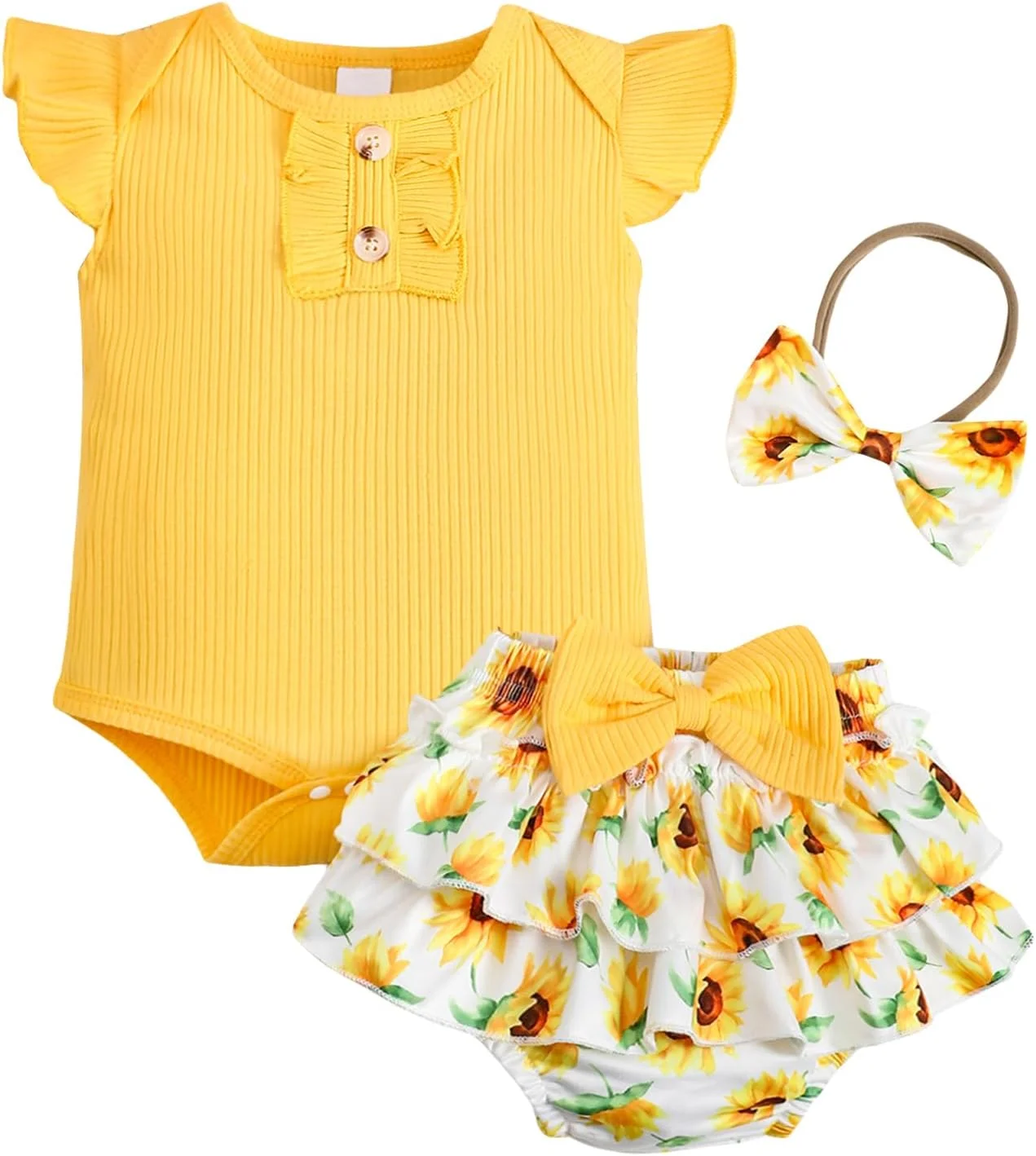 لباس نوزاد دخترانه، ست لباس تابستانی شامل رامپر آستین پفی و دامن گلدار مناسب 0-3-6-12-18 ماه