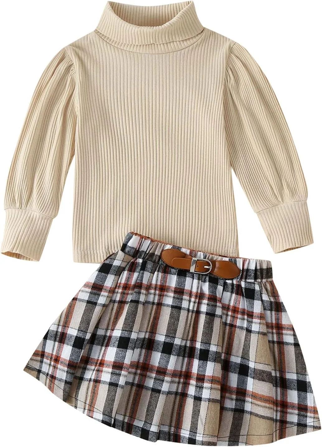 ست دامن دخترانه بچه گانه پاییزه زمستانه، بلوز آستین بلند یقه اسکی کبریتی و دامن چهارخانه، ست 2 تکه