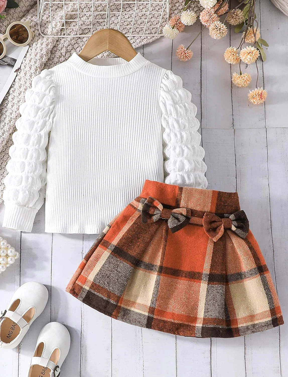 ست لباس دخترانه بافتنی آستین بلند و دامن چهارخانه مینی، مناسب پاییز و زمستان برای کودکان ۲ تا ۸ سال