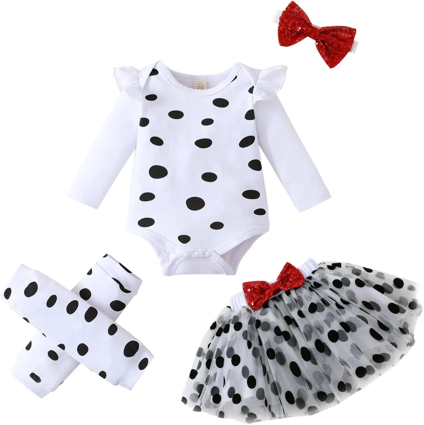 لباس هالووین دخترانه نوزادی طرح سگ خالدار دالمیشن، رامپر، دامن توتو خالدار، هدبند و ساق گرم کن لباس هالووین دخترانه نوزادی طرح سگ خالدار دالمیشن، رامپر، دامن توتو خالدار، هدبند و ساق گرم کن
