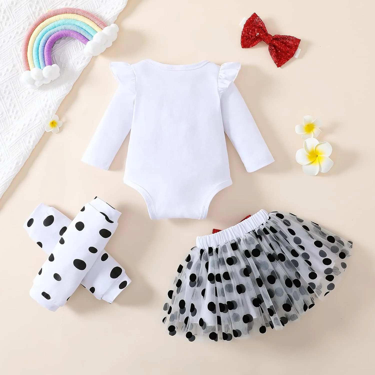 لباس هالووین دخترانه نوزادی طرح سگ خالدار دالمیشن، رامپر، دامن توتو خالدار، هدبند و ساق گرم کن لباس هالووین دخترانه نوزادی طرح سگ خالدار دالمیشن، رامپر، دامن توتو خالدار، هدبند و ساق گرم کن