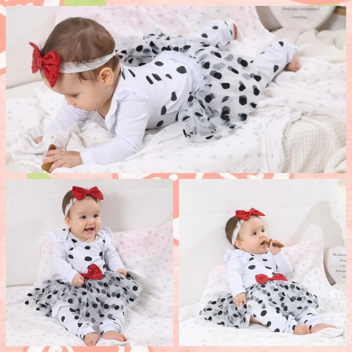 لباس هالووین دخترانه نوزادی طرح سگ خالدار دالمیشن، رامپر، دامن توتو خالدار، هدبند و ساق گرم کن لباس هالووین دخترانه نوزادی طرح سگ خالدار دالمیشن، رامپر، دامن توتو خالدار، هدبند و ساق گرم کن