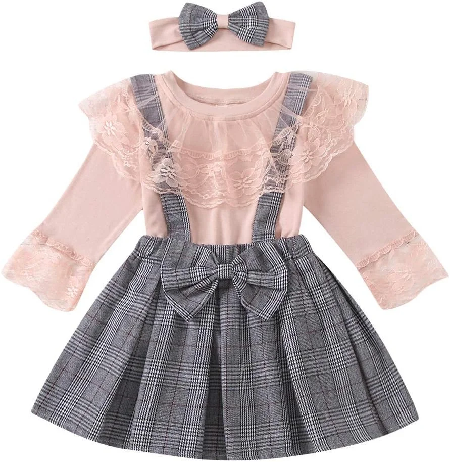 ست دامن پیشبندی دخترانه نوزاد، بلوز آستین بلند توری + دامن سرهمی چهارخانه + هدبند 3 تکه، لباس پاییزی زمستانی