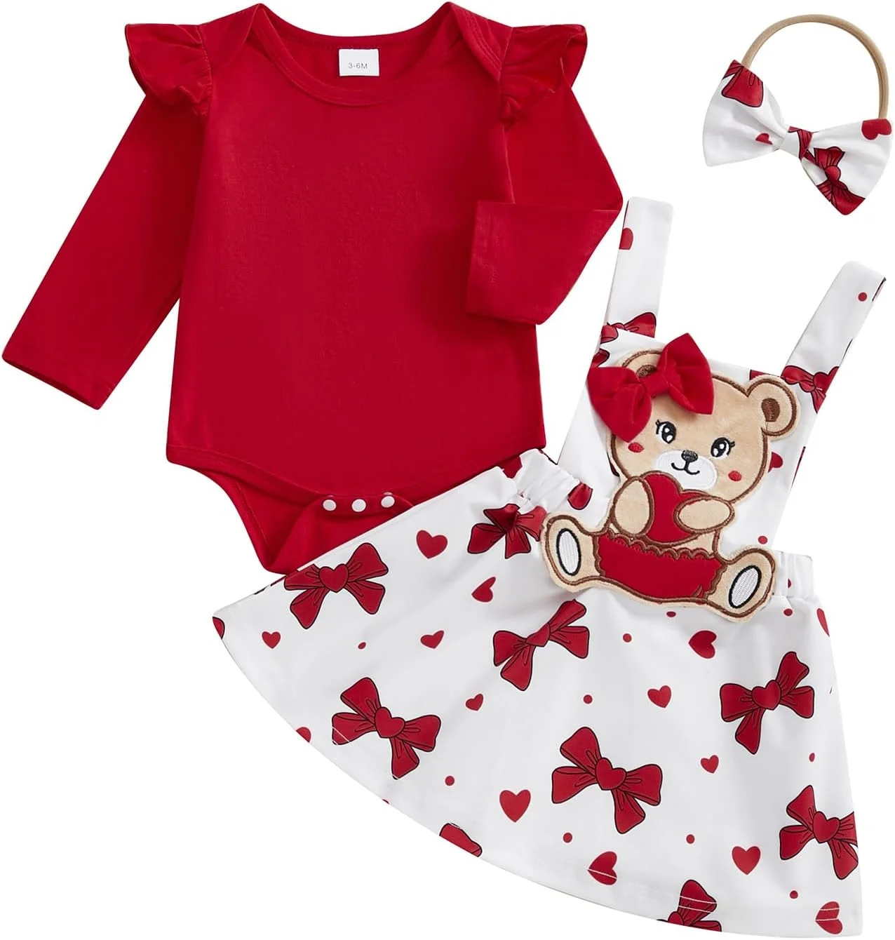 ست لباس روز ولنتاین نوزاد دخترانه شامل رامپر آستین بلند طرح قلب، دامن ساسپندر و هدبند 3 تکه