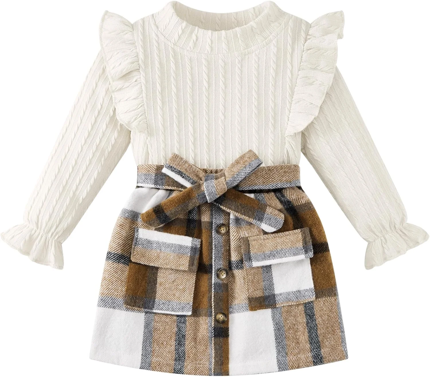 ست لباس دخترانه شامل تیشرت آستین بلند بافتنی و دامن چهارخانه دکمه دار